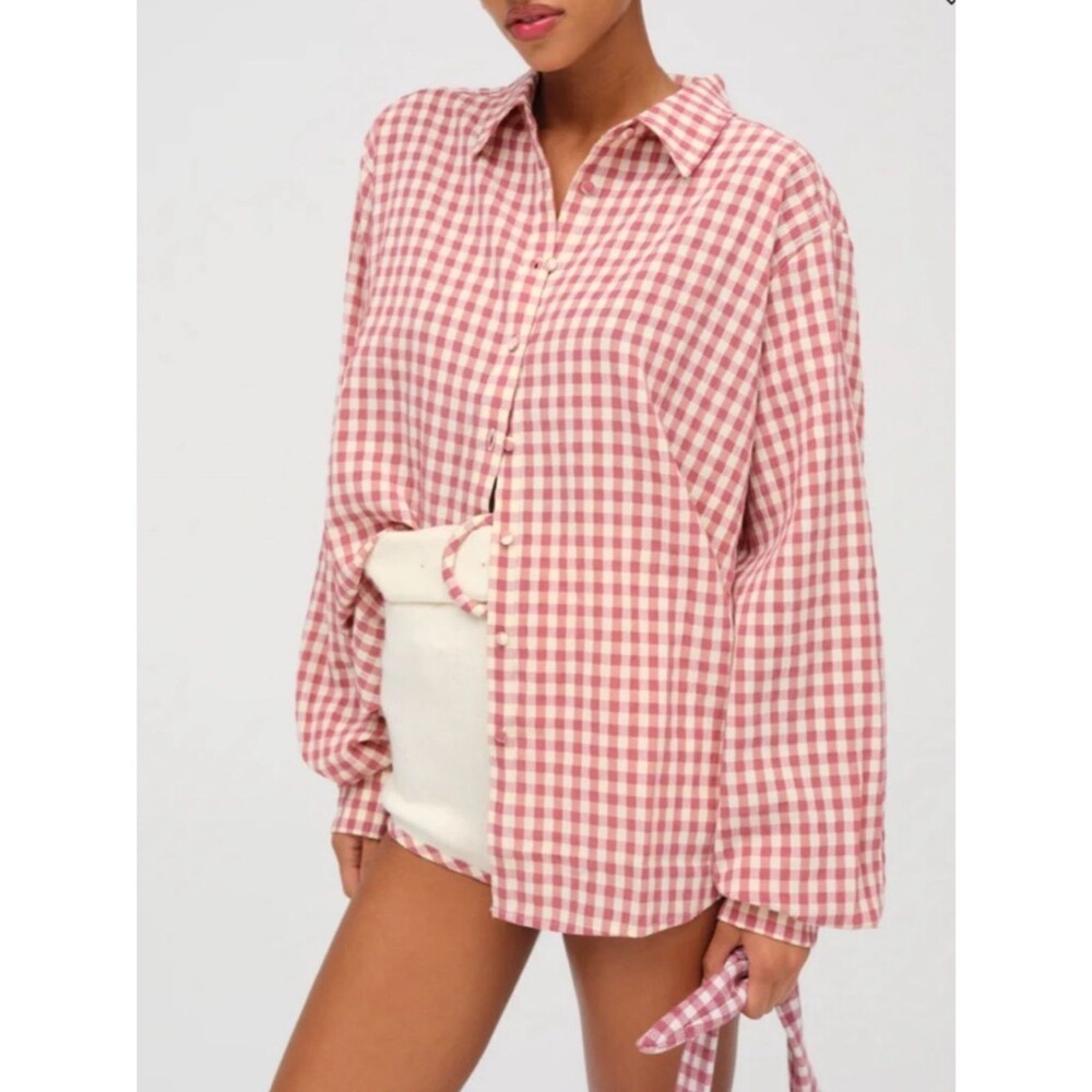 For Love & Lemons Button-Up Gingham Shirt in Rust & Cream XL classic summer read